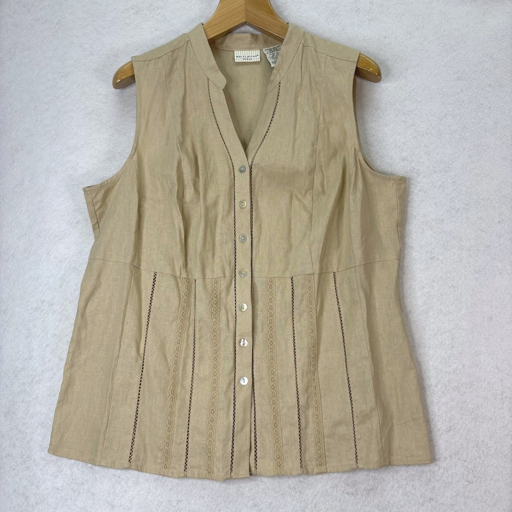 White Stag Tan Linen Blend Lace Trim Button Front Top Womens 18/20 Coastal Boho